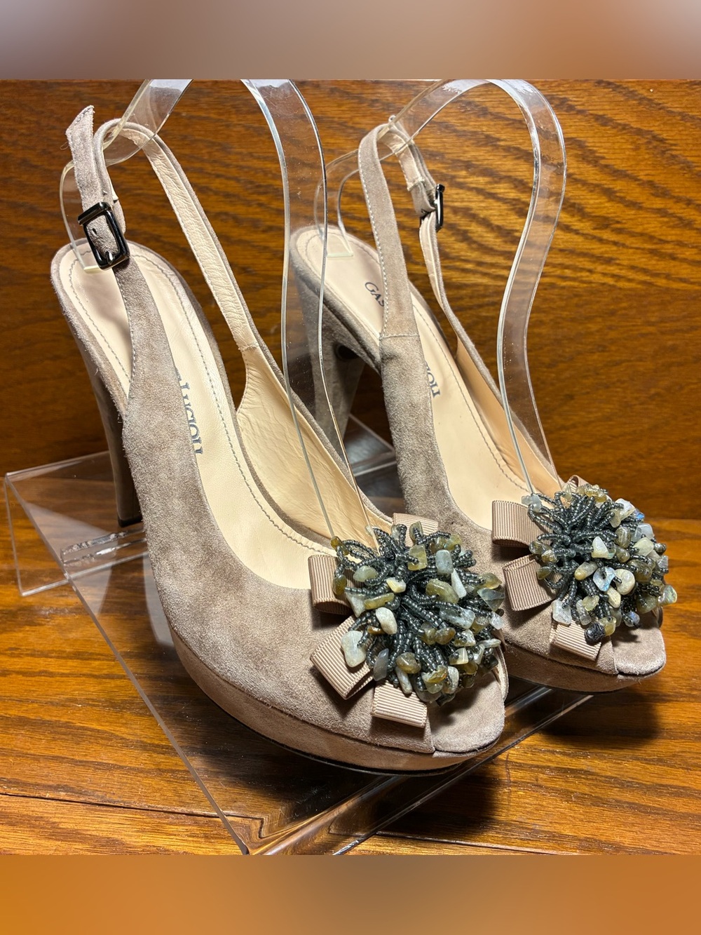 Gastone Lucioli ITALY Beaded Suede Platform Slingback Heels Taupe EU 40 US 9.5